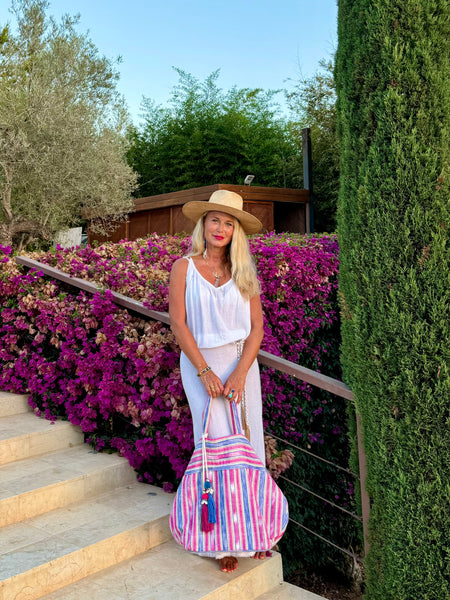 Samui Stripe Puka Tassel Beach Bag Pink