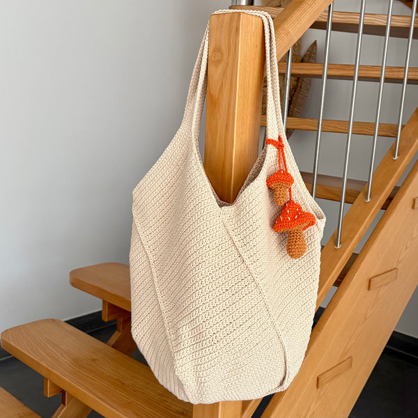 Kamalaya Crochet Bucket Tote Mushroom Charm Large Natural / Pink