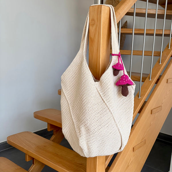 Kamalaya Crochet Bucket Tote Mushroom Charm Large Natural / Pink