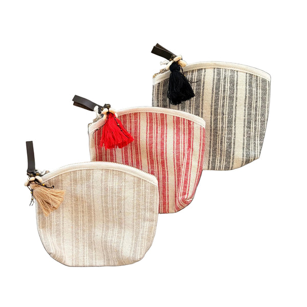 Mini Tassel Pouch Sabai Stripe Sand, Red, Black