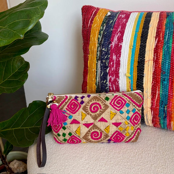 Viet Batik Puka Tassel Wristlet Sand/Pink