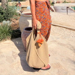 Kamalaya Mushroom Crochet Bucket Tote Large Tan