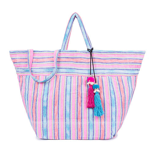 Samui Stripe Puka Tassel Beach Bag Pink