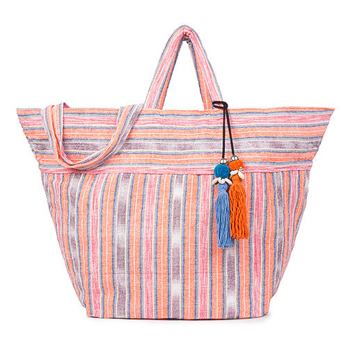 Samui Stripe Puka Tassel Beach Bag Coral